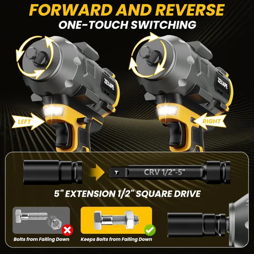 Miniatura 5 de Llave de impacto inalámbrica de 1/2 pulgada para batería Dewalt, llave de impacto de 1360 N.m (950 pies-libras) Pistola de impacto eléctrica sin