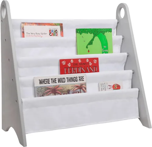 Wildkin Estantería para niños, almacenamiento moderno de madera con 4 estantes y asas de tela, organizador para el hogar o el aula, gris y blanco