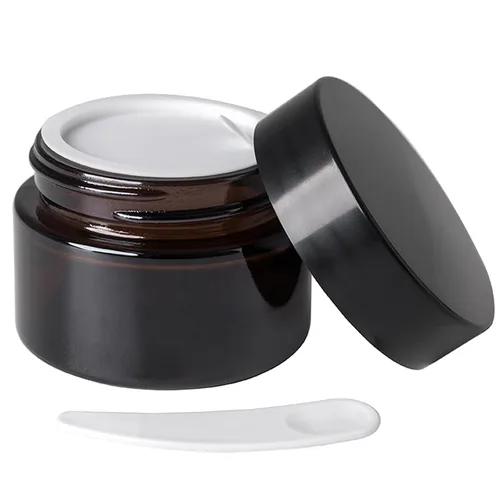 OverNews Frasco de vidrio ámbar de 1 oz, envases vacíos de loción cosmética, con forros internos, tapa negra, espátula