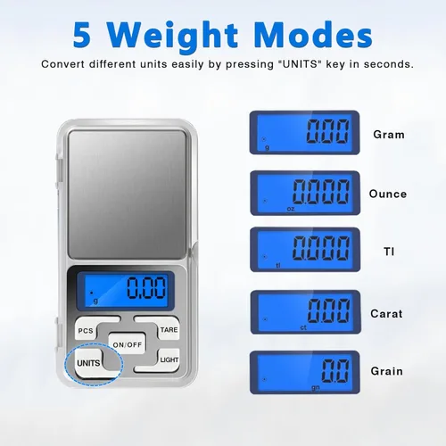 Miniatura 6 de Alta precisión mini electrónica digital bolsillo báscula joyería pesaje equilibrio portátil 17.64 oz/0.00 oz función de conteo LCD azul g/tl/oz/ct