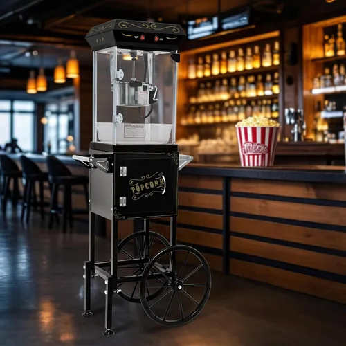 Miniatura 6 de Máquina de palomitas de maíz con carrito, con ruedas y cuchara de aceite de acero inoxidable de 6 onzas, carrito móvil con taquillas para cine