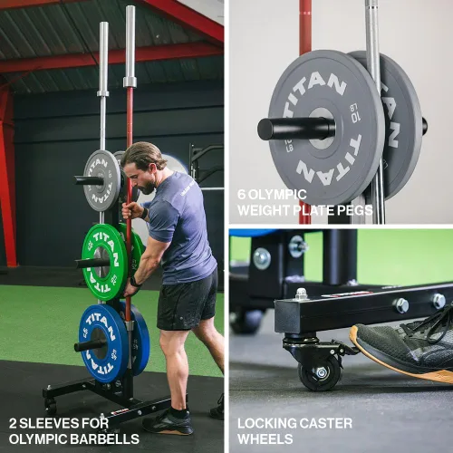 Miniatura 4 de Titan Fitness Árbol de pesas portátil para almacenamiento de platos olímpicos y barras, almacenamiento de discos de peso con capacidad de 1,000