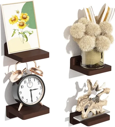 Miniatura 13 de SRIWATANA Pequeños estantes flotantes montados en la pared, estante de madera para decoración y almacenamiento, juego de 4, mini estante de Negro