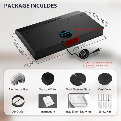 Miniatura 6 de Campana extractora de 30 pulgadas para debajo del gabinete, campana extractora delgada sin conductos para cocina con filtro, luces LED, ventilador