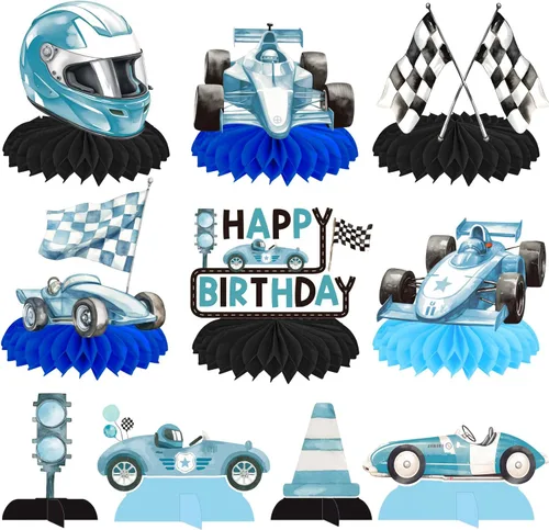 Centros de mesa de cumpleaños de nido de abeja de coche de carreras, 12 piezas, decoración de fiesta de coche de carreras, decoración de mesa de