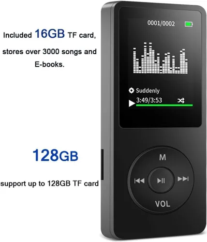 Miniatura 4 de Reproductor de MP3, reproductor de música con tarjeta micro SD de 16 GB, altavoz integrado/foto/reproducción de video/radio FM/grabadora