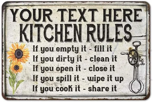 Letrero personalizado de reglas de cocina para decoración del hogar, decoración vintage, letreros con nombre, letreros de pared para mamás, arte de