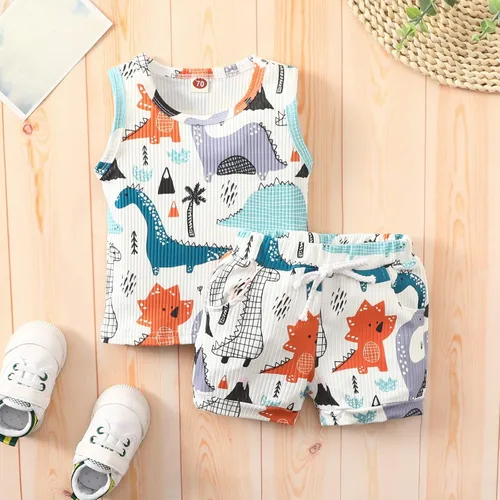Miniatura 2 de Conjunto de ropa de 2 piezas de ropa de 2 piezas con estampado de dinosaurios de dibujos animados y pantalones cortos con cordón