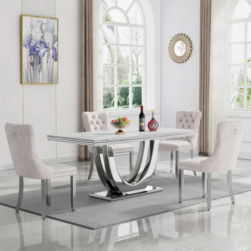 Miniatura 30 de Juego de mesa de comedor de mármol sintético, 7 piezas, juego de mesa de cocina y comedor para 6, mesa de comedor rectangular blanca de 70 pulgadas
