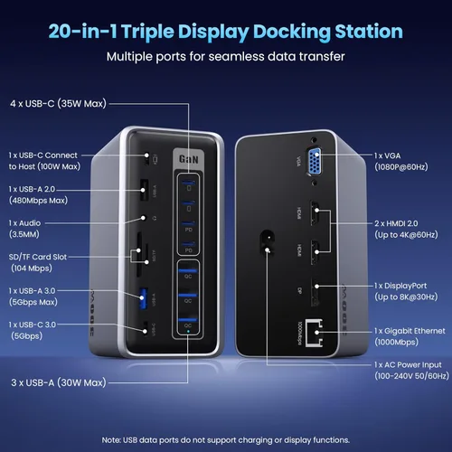 Miniatura 2 de Estación de acoplamiento USB 20 en 1, estación de carga de 300 W, concentrador USB-C de triple pantalla con HDMI 2x4K, DP, VGA, Ethernet, 7 puertos