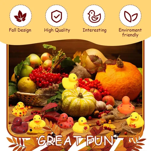 Miniatura 7 de Hiboom Patos de goma de Acción de Gracias de 1.38 pulgadas, patos de goma de otoño con patrones de hojas de calabaza, juguetes de bañera