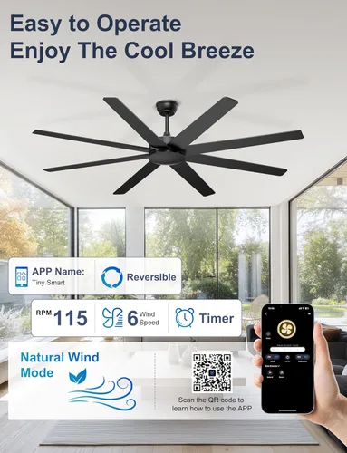 Miniatura 5 de Ventiladores de techo grandes de 72'' sin luces, ventilador de techo negro moderno con control remoto/APP, ventilador de techo grande y silencioso