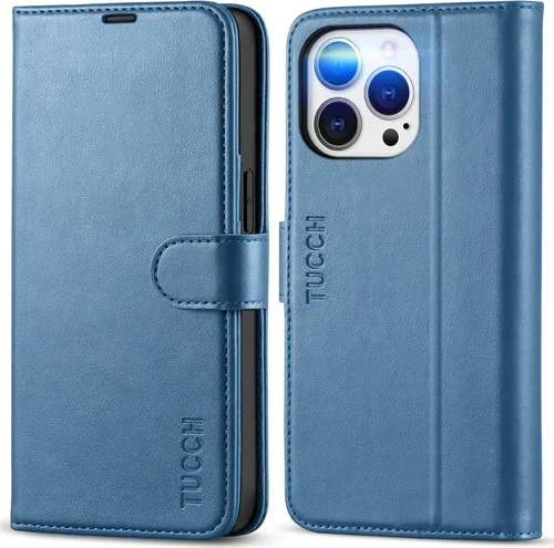 Miniatura 12 de TUCCH Funda tipo cartera para iPhone 13 Pro, tarjetero con bloqueo RFID, soporte magnético de piel sintética, funda protectora de poliuretano Negro
