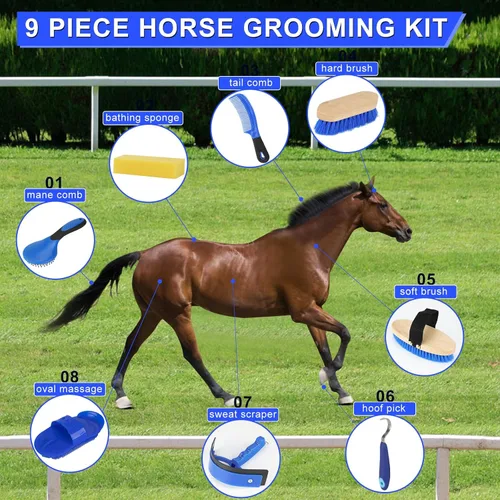 Miniatura 3 de Kit de aseo de 9 piezas con bolsa de mano, juego de cepillos para caballo, raspador de sudor, esponja, púa de pezuñas, peine de curry para jinetes
