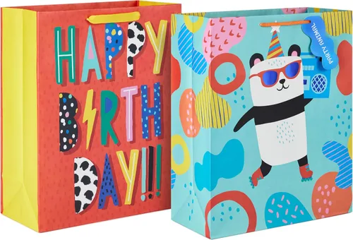 Hallmark Juego de bolsas de regalo de cumpleaños extra grandes de 15 pulgadas (2 bolsas: panda animal de fiesta, feliz cumpleaños naranja) para