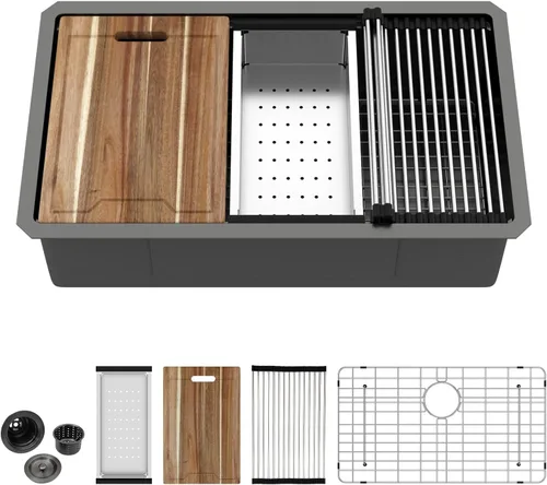 Miniatura 22 de Kichae fregadero de cocina bajo encimera de 32 pulgadas, de un solo tazón, de acero inoxidable, calibre 16, de esquina redonda, hecho a mano