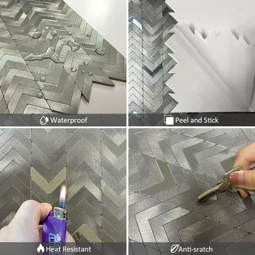 Miniatura 5 de Azulejo de espiga gris para salpicaduras de pelar y pegar, superficie de metal cepillado de aluminio autoadhesivo para azulejos de pared
