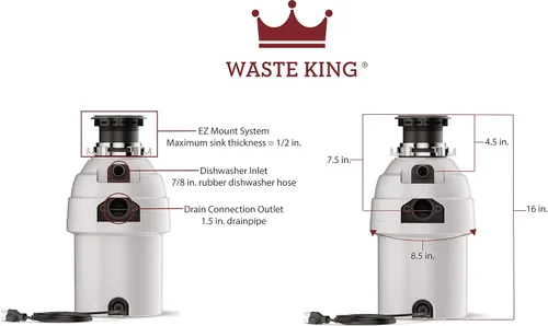 Miniatura 2 de Waste King Legend Series 1 HP - Eliminación de basura de alimentación continua con cable de alimentación - (L-8000) y kit de conector