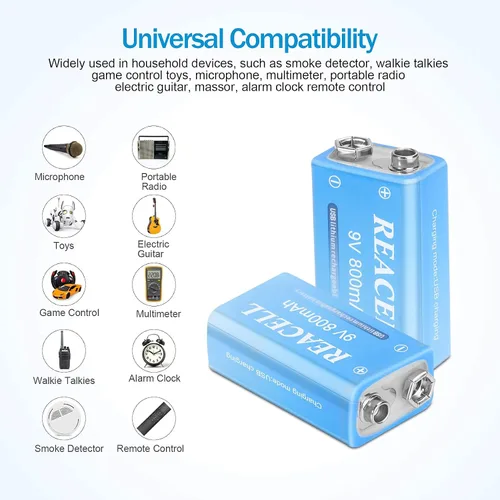 Miniatura 3 de Paquete de 2 baterías de litio recargables de 9 V, baterías de 9 voltios para detector de humo, carga USB de 800 mAh 9 V para micrófonos