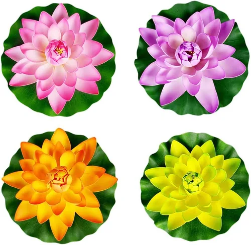 Superdream 4 flores de loto flotantes artificiales grandes, decoración de boda para el hogar, jardín, estanque, acuario (7 pulgadas) (naranja,