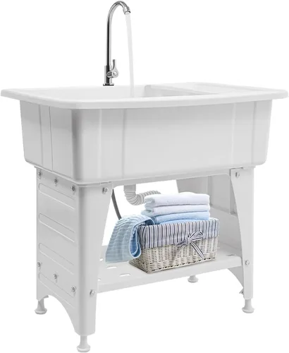 Miniatura 12 de Fregadero de lavandería de plástico independiente con tabla de lavadero, fregadero utilitario para interiores y exteriores, kit de drenaje