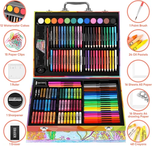 Miniatura 3 de Soucolor - Juego de pintura y dibujo, 183 piezas, kit de arte para colorear, estuche de regalo: crayones, pasteles al óleo, acuarelas en pastilla