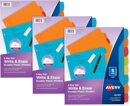 Miniatura 10 de Avery Separadores de plástico duradero con pestañas grandes para escribir y borrar, juego de 5 pestañas para carpetas de 3 anillos, multicolor