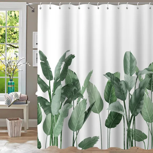Miniatura 4 de Cortina de ducha de tela impermeable con diseño de plantas verdes, decoración de baño, hojas de plátano, palmera, con ganchos, 72 x 72 pulgadas