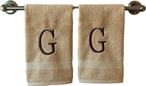 Miniatura 183 de Toalla de mano con inicial beige para baño, toalla bordada decorativa de calidad de hotel de lujo con monograma para tocador, spa, certificado