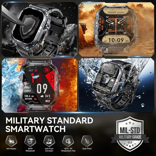 Miniatura 2 de Reloj inteligente militar para hombre, resistente al agua, 3 ATM, con linterna de llamadas/LED, pantalla grande HD de 2.02 pulgadas, reloj