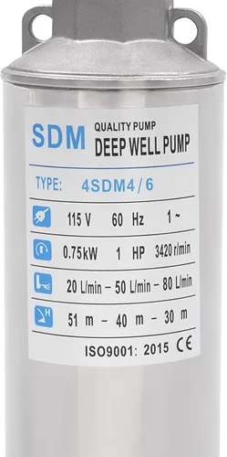 Miniatura 5 de Bomba de pozo profundo 1HP, tubo OD de 1.25 pulgadas, bomba de agua de pozo profundo, flujo de 5.28 galones/min, elevación de 167.32 pies