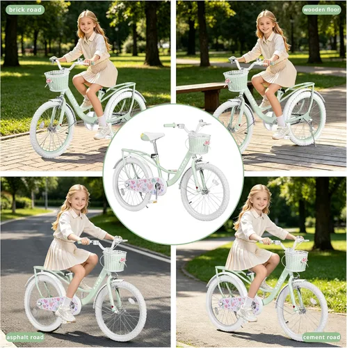 Miniatura 7 de Bicicleta de 20 pulgadas para niñas con canasta, bicicleta para niños de 7 a 12 años, bicicleta de crucero de playa verde y rosa para niñas, frenos