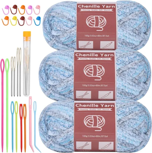 Miniatura 28 de LUNARM Hilado de chenilla para tejer y hacer ganchillo, 3 madejas de 240 metros de hilo grueso, suave y voluminoso, para tejer mantas, ropa y Beige