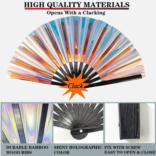 Miniatura 2 de Ventilador de mano plegable grande para hombres y mujeres, ventilador holográfico para mujeres, fiesta de baile, festivales, Halloween, EDM