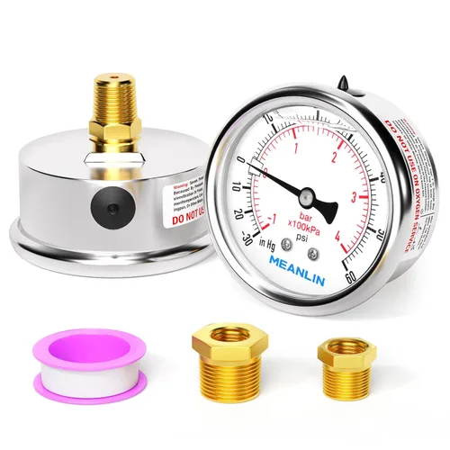 Miniatura 90 de MEANLIN MEASURE - Manómetro de acero inoxidable, relleno de líquido, esfera con cara de 2.5 pulgadas, NPT de 1/4 de pulgada, agua, aceite y gas