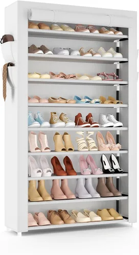 Miniatura 9 de VILICK - Zapatero con cubierta, organizador de zapatos estrecho con 4 bolsillos laterales, estante alto de 10 niveles, almacenamiento para 18-22