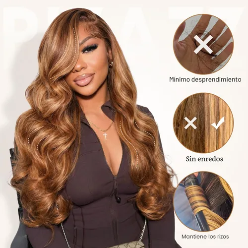 Miniatura 7 de Pizazz Pelucas de cabello natural con encaje frontal color rubio miel, predepiladas con línea de cabello natural 13x4, pelucas sin pegamento