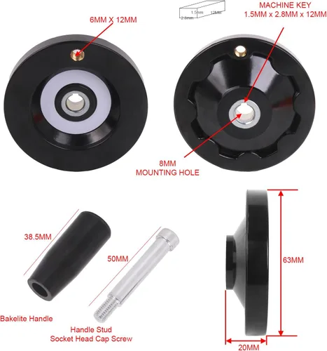 Miniatura 5 de Hand Wheel 63MM OD 8MM Mounting Hole Machine Key Fixing Bakelite Revolving Handle for Industrial Machinery