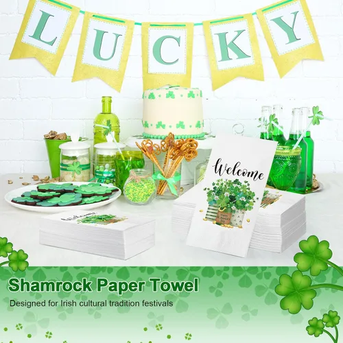 Miniatura 4 de Outus 100 servilletas del día de San Patricio, tréboles de bienvenida, toallas de papel para invitados, toallas de mano verdes, tréboles