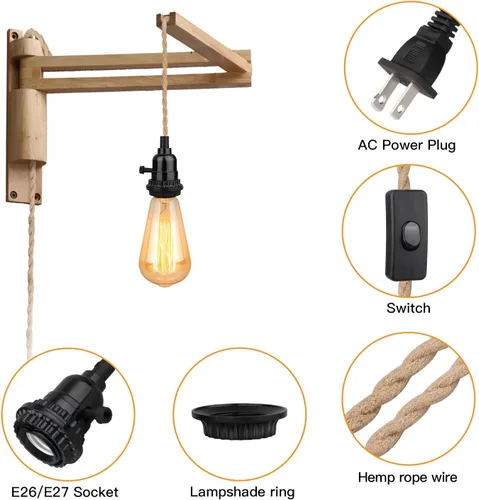 Miniatura 4 de Kit de luces colgantes de 16.5 pies, luces colgantes con cable de enchufe e interruptor, lámpara colgante de cuerda de cáñamo E26, cable de linterna