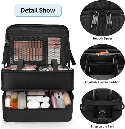 Miniatura 5 de Estuche de maquillaje extra grande, bolsa de viaje para artistas de maquillaje profesional, doble capa, ligera, XL, estuche organizador de viaje