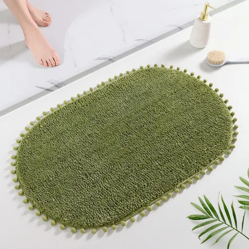 YIRDDEO - Alfombra de baño verde oliva con pompones para baño, antideslizante, linda alfombra de baño boho con pompones ovalados absorbentes,