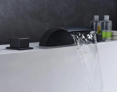 Miniatura 4 de Grifo de bañera romana para montaje en cubierta, color negro mate, grifo de bañera de cascada de flujo extra alto, SUMERAIN
