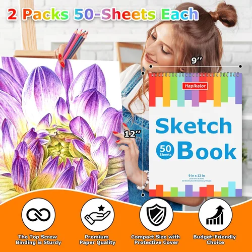 Miniatura 6 de Cuaderno de bocetos de 9 x 12 pulgadas, paquete de 2 blocs de 50 hojas con espiral, cuaderno de bocetos de artista, papel de dibujo libre de ácidos