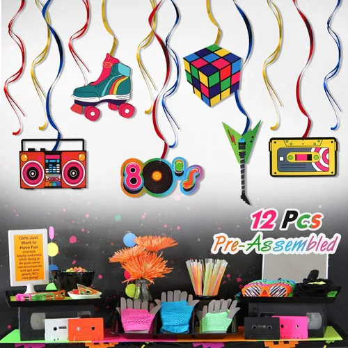 LINGTEER Kit de decoración de fiesta de los años 80, 12 piezas retro de los años 80 para colgar en el techo, serpentinas perfectas para escenarios