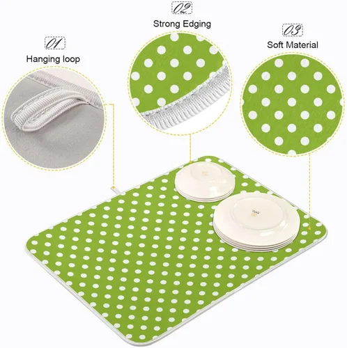 Miniatura 4 de Tapete de secado de platos verde para cocina, tapete de secado de microfibra verde menta con lunares blancos, tapete de secado de microfibra