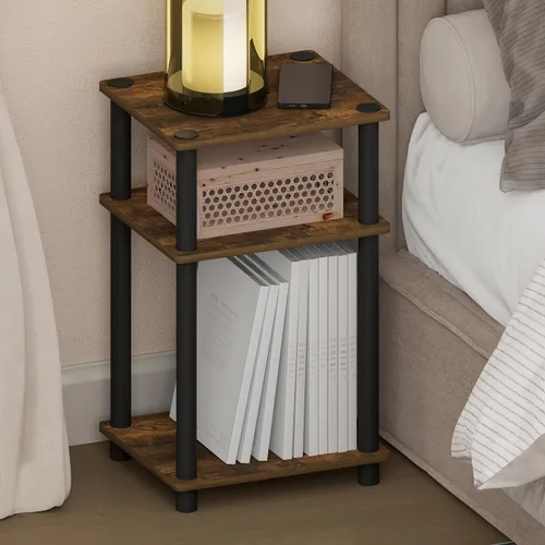 Miniatura 28 de Furinno Mesa de Noche Simplista, Mesita de Noche Pequeña de 2 Niveles con Estante Abierto, Mesa de Cabecera de Montaje sin Herramientas, Mesa