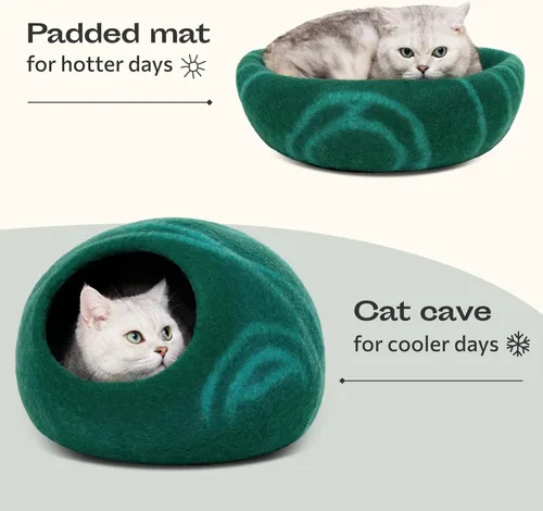 Miniatura 4 de MEOWFIA Cat Cave - Cama de fieltro prémium para gatos de interior, hecha a mano, 100% lana merina, gato (M, esmeralda)