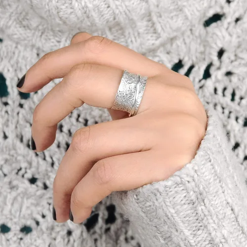 Miniatura 6 de Boho-Magic Anillo giratorio de plata de ley 925 para mujer, anillo martillado para inquietos, banda ancha
