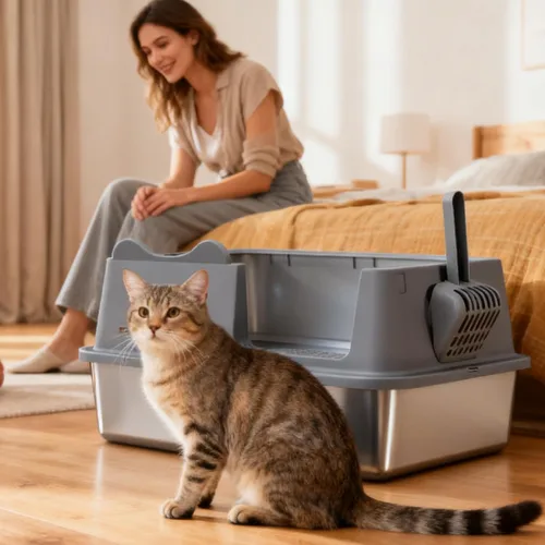 Miniatura 8 de Caja de arena de acero inoxidable para gatos, caja de arena de metal de alta cara abierta con cuchara, cajas de arena extra grandes para gatitos